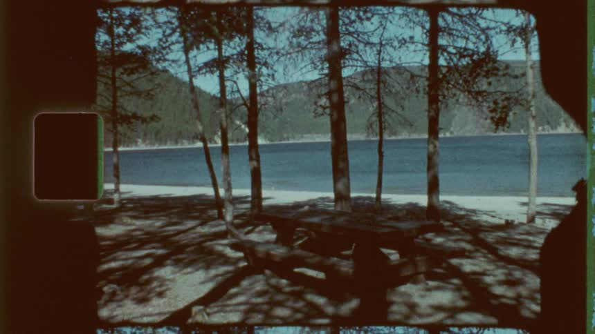 A scenic view of a shoreline features tall trees casting intricate shadows onto empty picnic tables with a calm lake stretching out towards sloping hills and majestic mountains in the distance all rendered in a grainy analog film style