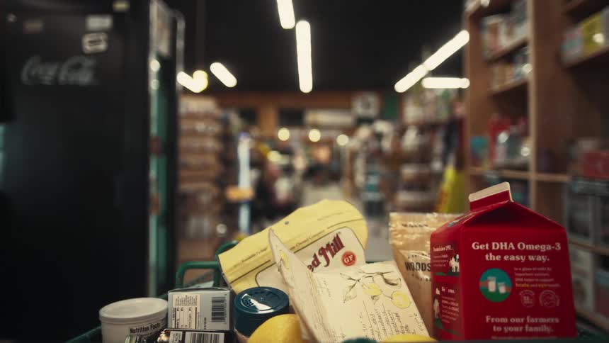 A shopping cart filled with various grocery items is captured rolling down a market aisle