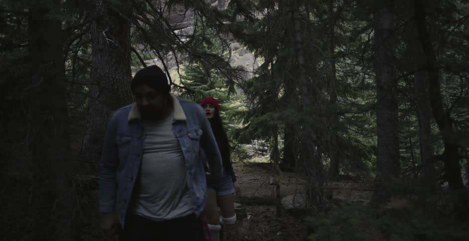 A man and woman walk in the woods while holding hands