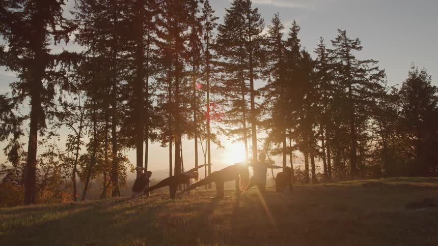 A group is doing yoga at sunrise