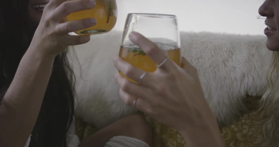 Two women cheersing wine glasses on couch in living room
