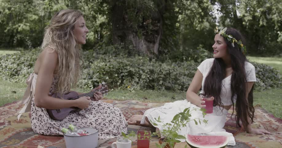 Two women sitting on picnic blanket are talking and smiling