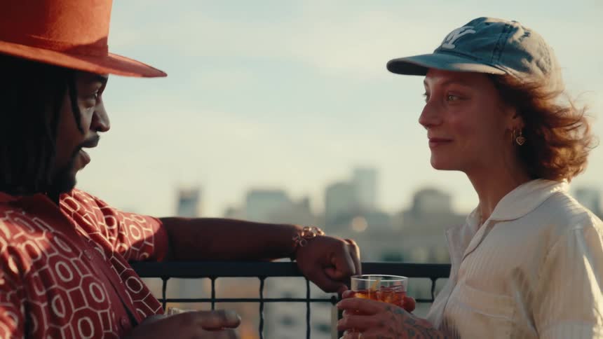 Woman and a man outdoors talking and having a drink