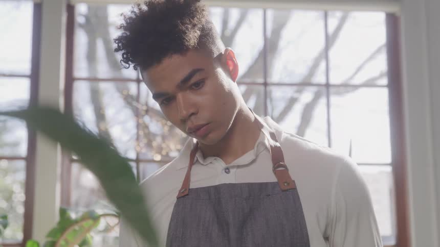 The face of a young man wearing white shirt in a gray apron and he is looking forward in checking tones