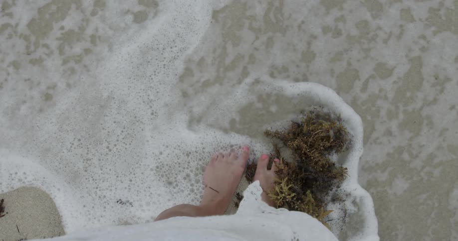 A waves flows over a woman's toes at the beach