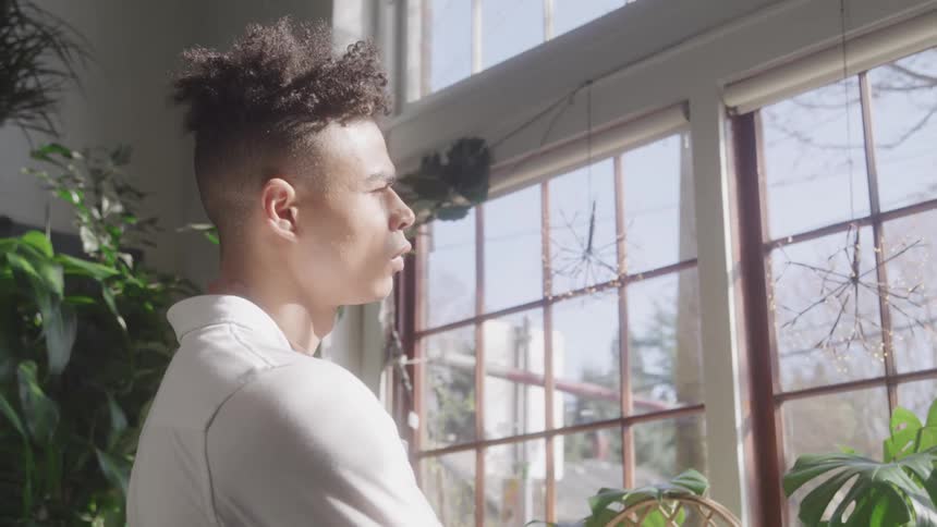 A young man with an afro looking out a sunlit window with plants and greenery surrounding him inside