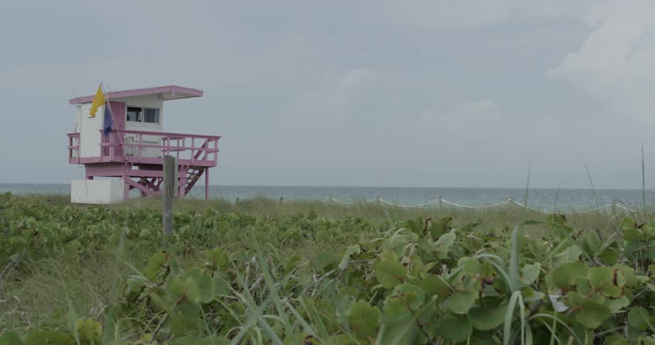 Pink colored lifeguard tower near the ocean