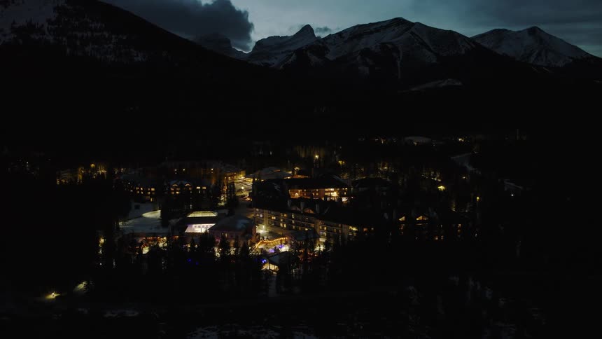Kananaskis hotel and conference area in Canada at night aerial view