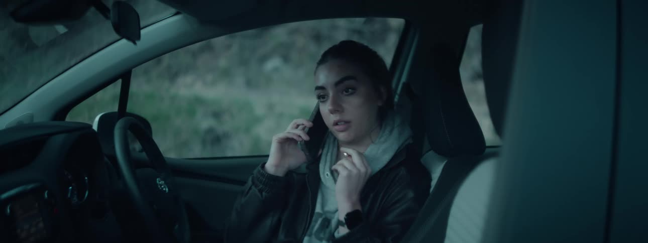 Woman sitting in a parked car talks on her smartphone