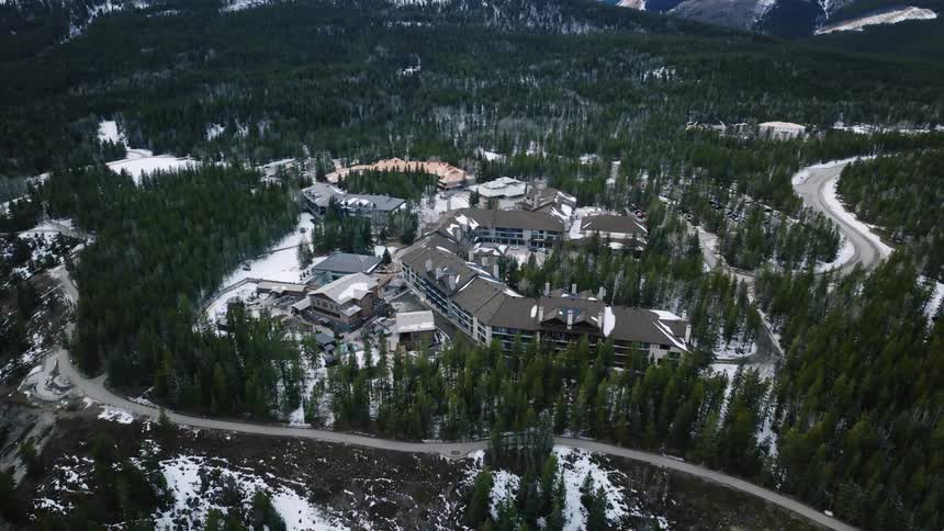Kananaskis Village resort near the mountains aerial view