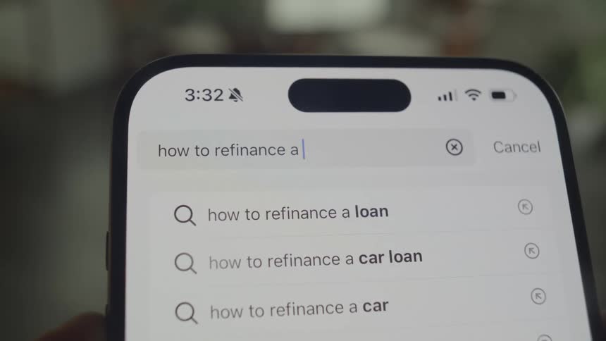Person searches for information related to refinancing a mortgage on their smartphone