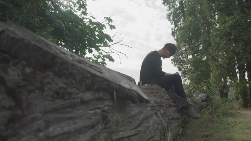 Man sitting on a tree trunk reading a book