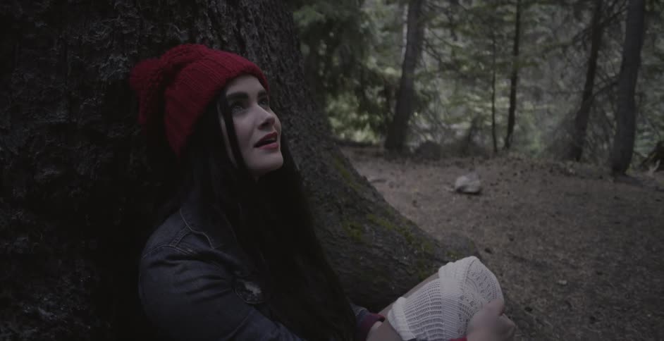 Woman sitting against tree in forest admiring the surroundings