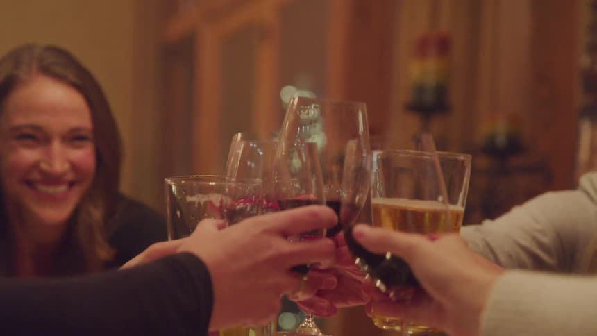 People toasting with glasses of drinks and wine in a room