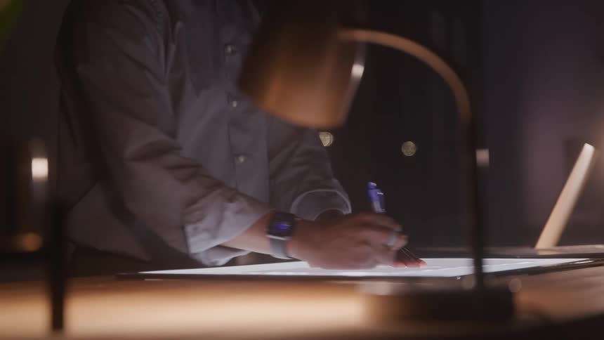 One person drawing on a sheet of paper using a pen over a light table