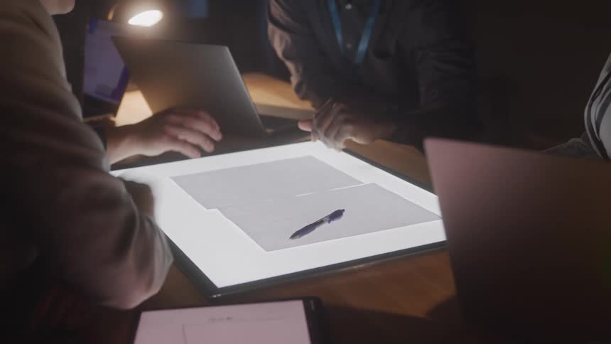 Group of four people working on a screen on a table in a dimly lit room