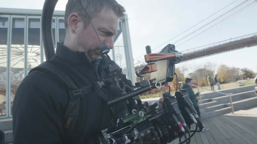 Professional filmmaker driving an action camera and video in an outdoor city environment