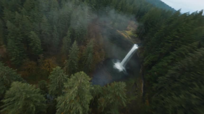 Aerial of hidden waterfall flowing in forest