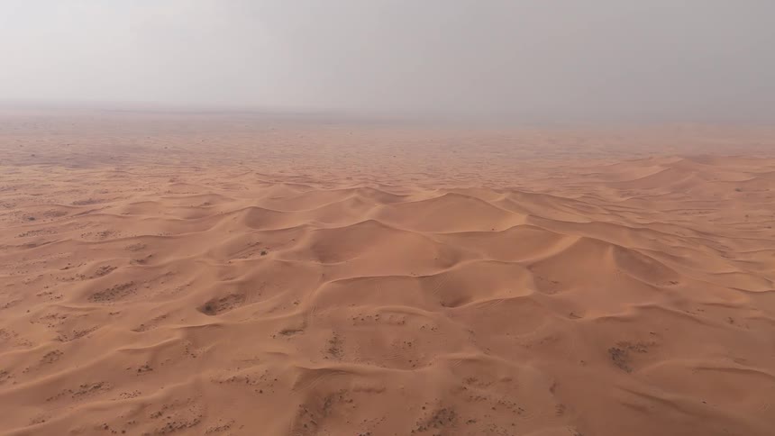 An aerial view of a vast desert extending to the horizon under a muted sky
