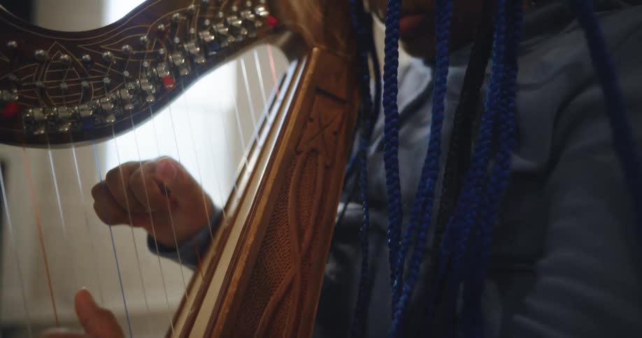 A young woman with long blue braids deeply focused as she plays a beautifully crafted harp with soft natural light streaming in from a window in the background
