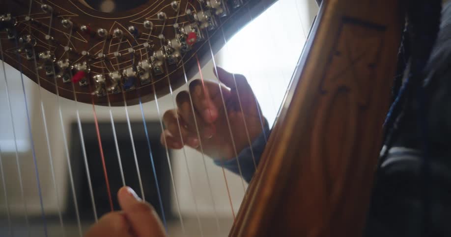 A closeup of hands plucking the strings of a harp with elegant design and intricate structure