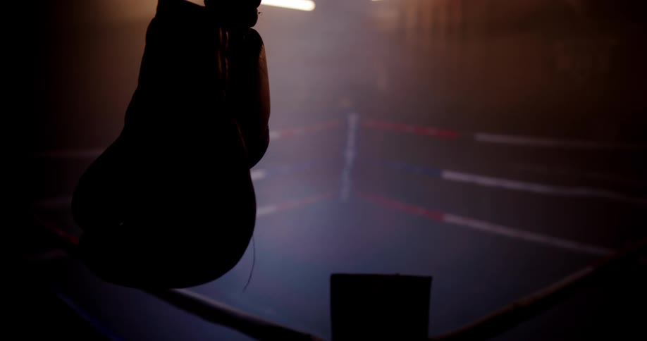 Boxing gloves hang by the ring