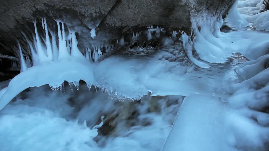 River water rushing through ice and rocks