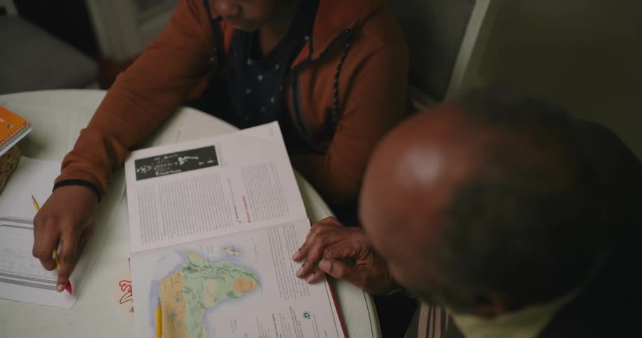 A father is helping his son with homework
