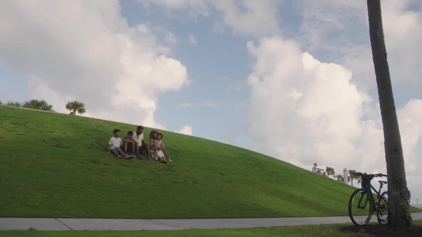 A family is sitting on a grassy hill with a bicycle parked near a tree in the foreground