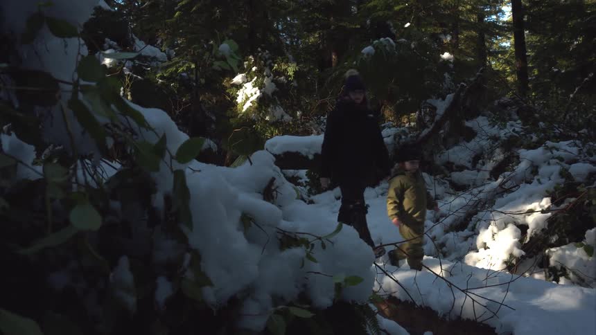 A person and a child walk through a snow covered forest