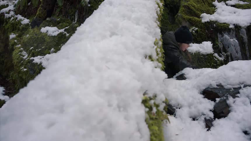 Little girl walking on a mountain with snow and moss
