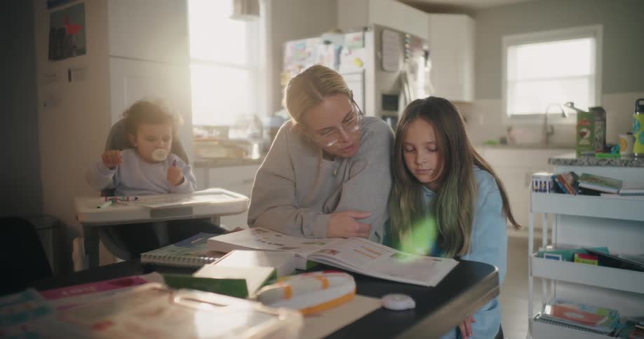 Mother supports her daughter as she studies with a small child playing in the background