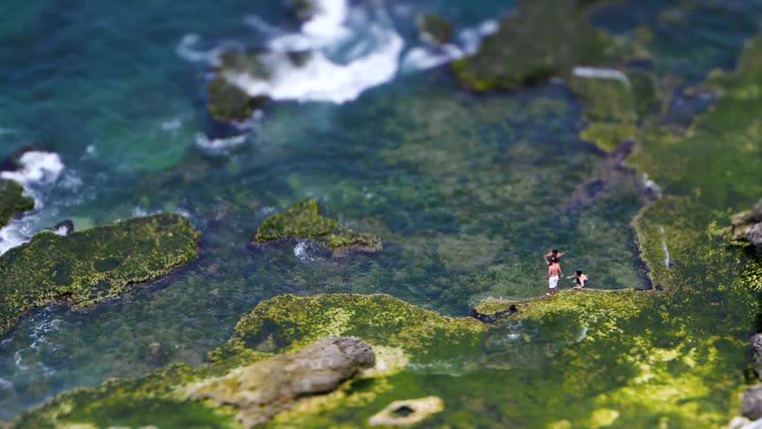 A tiltshift aerial view shows people wading in a shallow rocky cove with clear water and mosscovered rocks