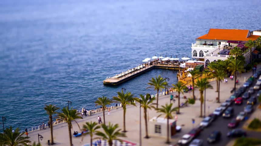 A coastal scene depicts a building with an orange roof next to a pier extending into blue water with palm trees lining a paved walkway and a street with cars