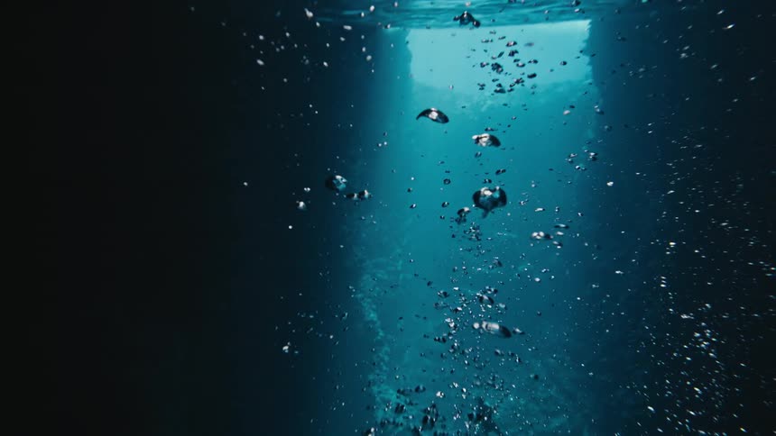 A diver explores a deep underwater trench as air bubbles rise toward the surface