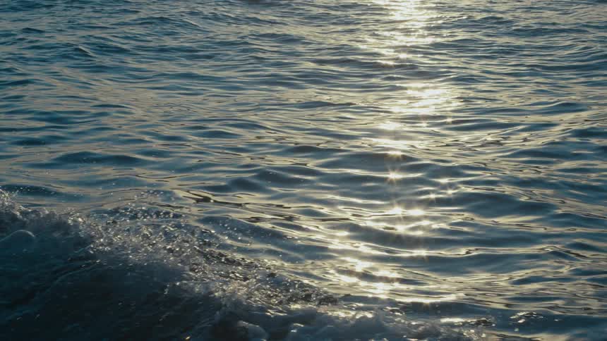 Sunlight is reflecting on ocean water on a windy day