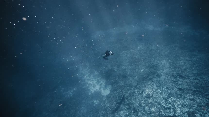 Diver swimming in the blue depths of the ocean