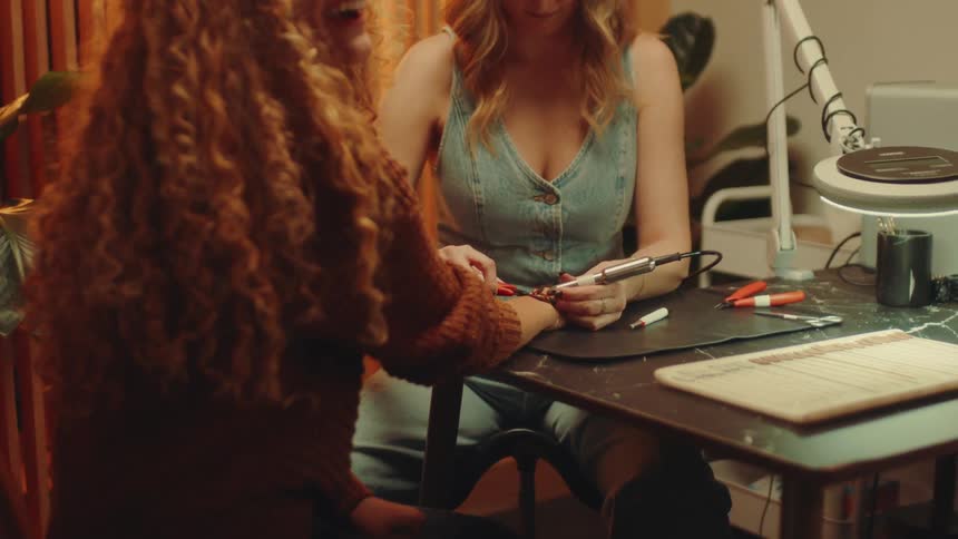 Woman tattooing another curlyhaired woman on the arm