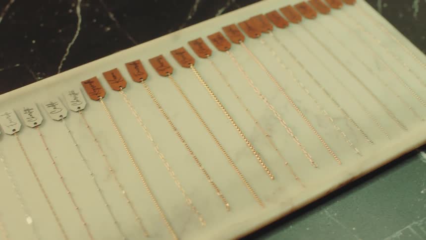 A row of bracelets are displayed with tags