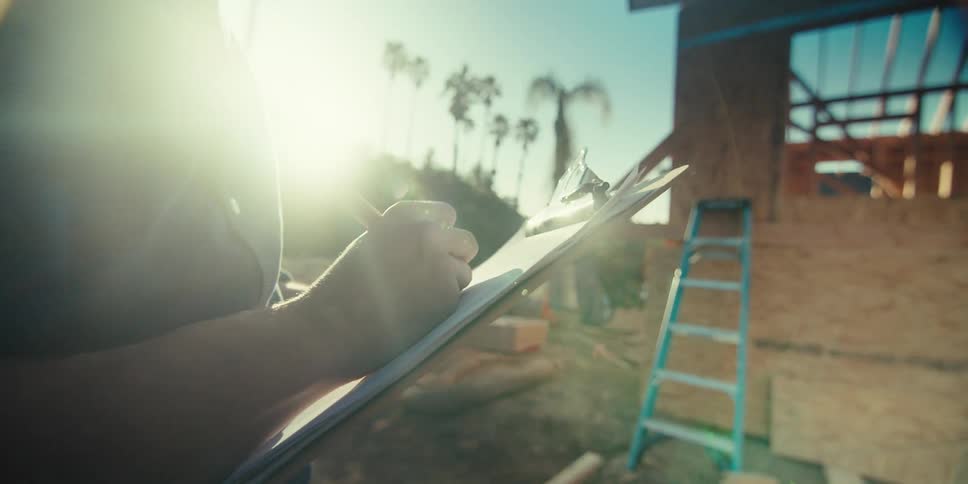 A worker wearing a hardhat takes notes on a clipboard at a construction site on a sunny morning
