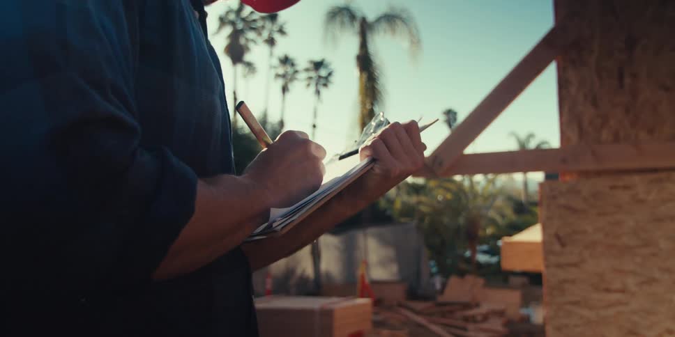 A person in a dark shirt writes on a clipboard at a construction site with palm trees visible in the background