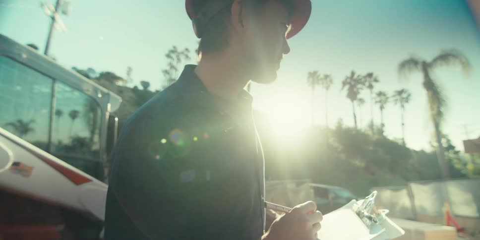 Man in protective helmet making notes on a clipboard next to tractors on a construction site