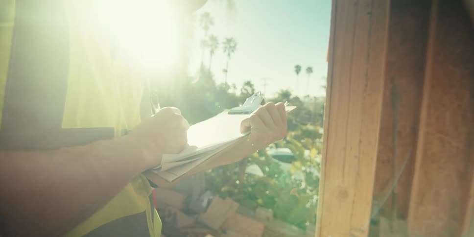 Man wearing a hard hat and identification vest making notes on a clipboard while working on a construction site