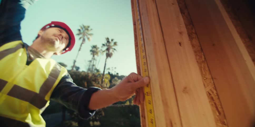 A construction worker is using a measuring tape on site