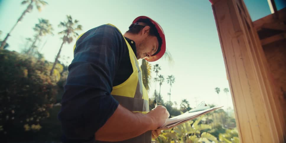 A man is writing on his clipboard on the construction site