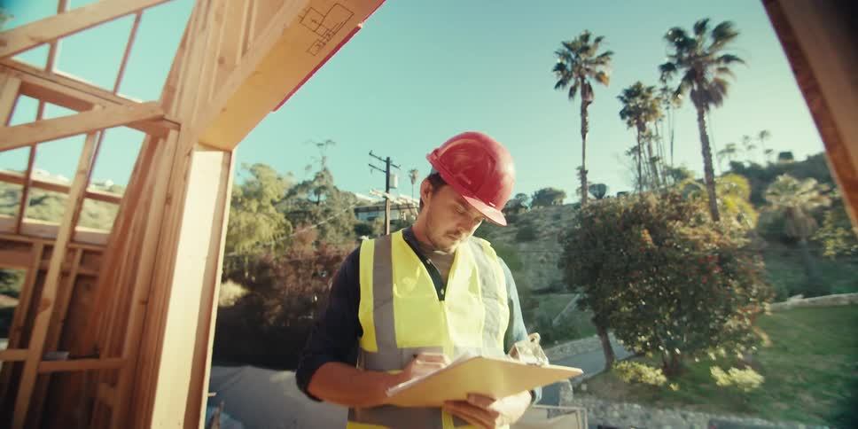 Male construction worker standing near an unfinished building on a sunny day makes notes