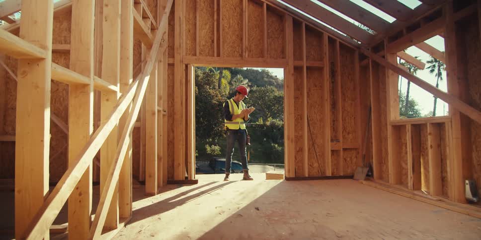 The man is standing in the open doorway with his hard hat on and working on a clip board