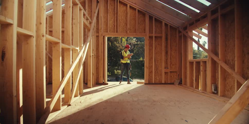 Construction worker stands near the entrance of an unfinished wooden building and writes on a clipboard