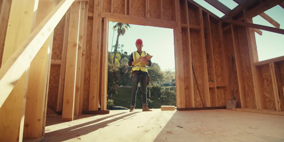 A construction worker stands inside a partially built house inspecting plans with a bright sunlight shining through the doorway