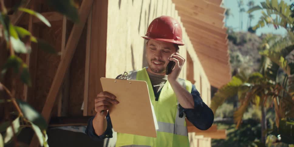Construction worker in protective helmet and holding clipboard is chatting on a call on smartphone